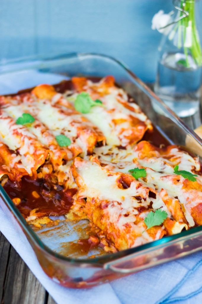 tray of spaghetti squash and black bean enchiladas