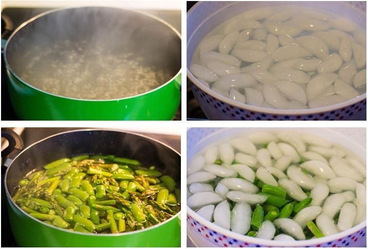 showing how to blanche vegetables in hot water and an ice bath