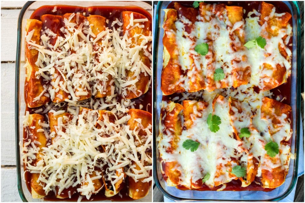 spaghetti squash enchiladas before and after they're baked in the oven