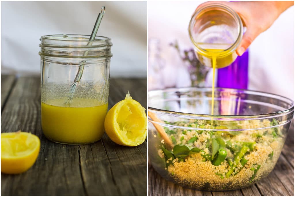 Lemon dressing in a jar and being poured into a bowl of salad