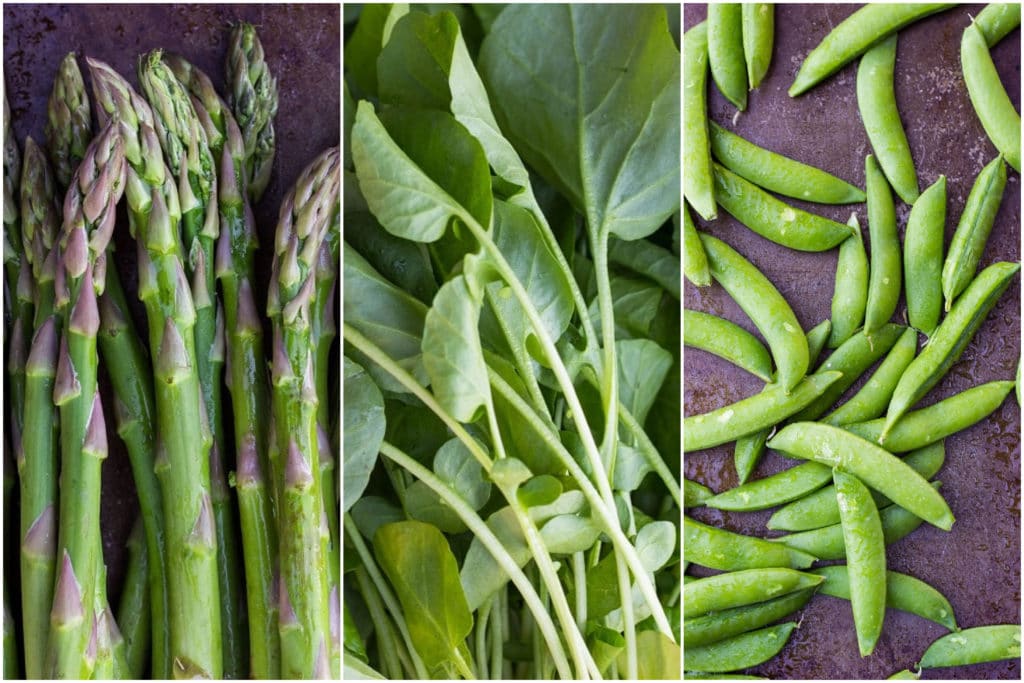 asparagus, watercress and sugar snap peas
