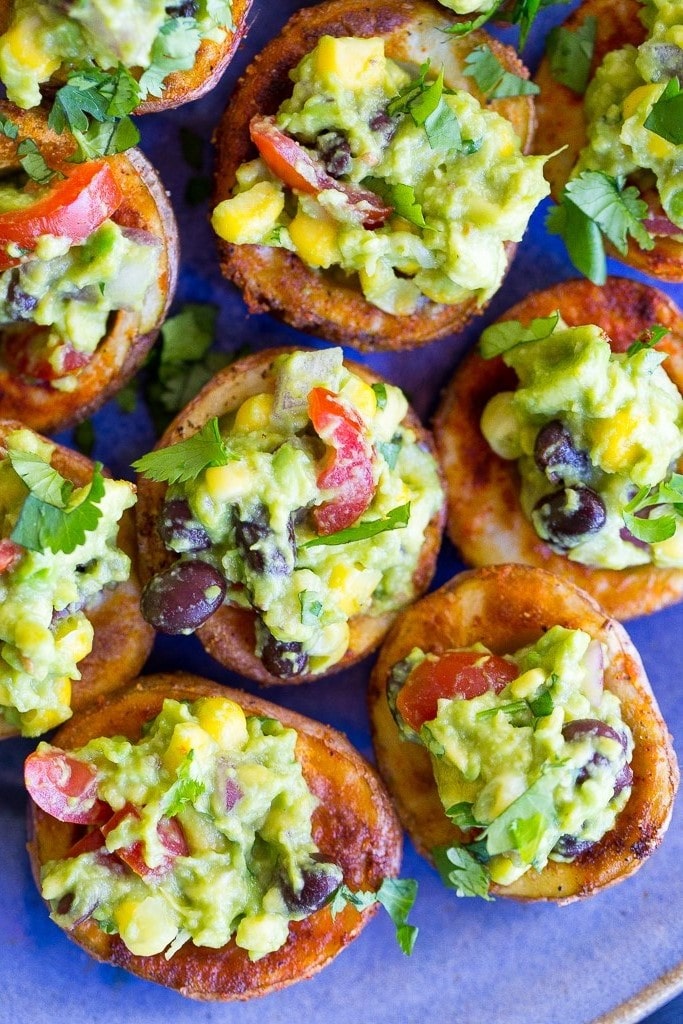 Close up of Roasted Potato Cups with Loaded Guacamole