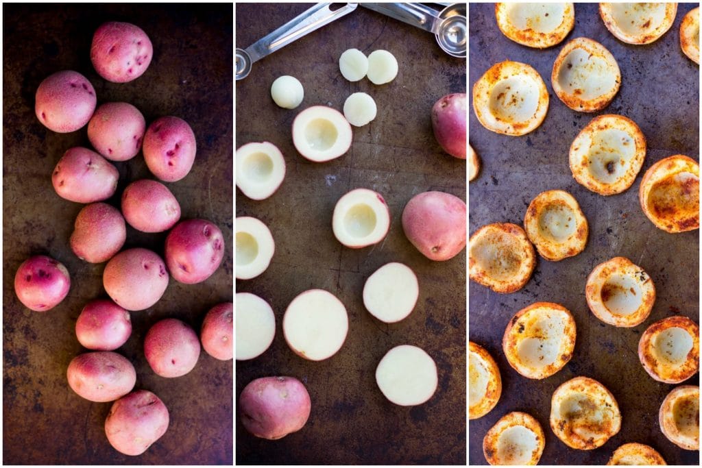Potatoes cut in half and roasted for Roasted Potato Cups with Loaded Guacamole Recipe