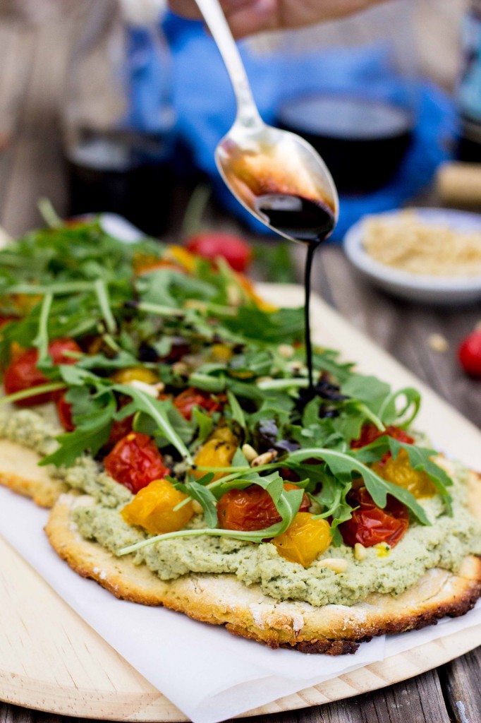 Basil & Roasted Garlic Ricotta Pizza with Arugula & Balsamic Reduction-8776
