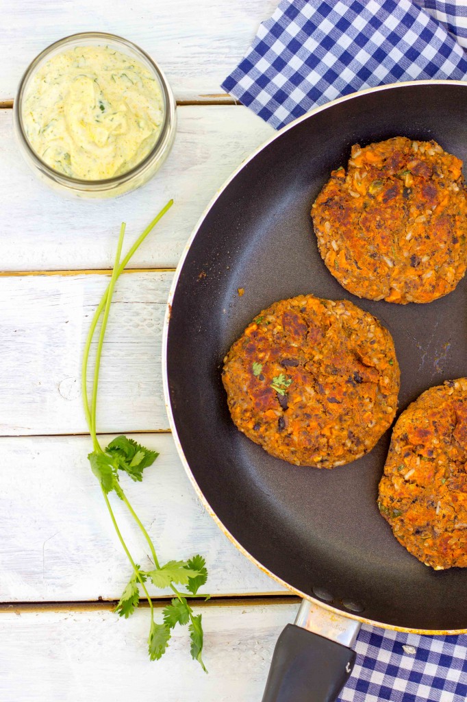 Smokey Sweet Potato, Black Bean & Brown Rice Veggie Burgers with Curry Cilantro Mayo-9940