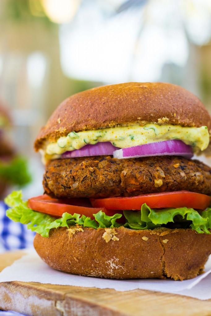 Smokey Sweet Potato, Black Bean & Brown Rice Veggie Burgers with Curry Cilantro Mayo-9977