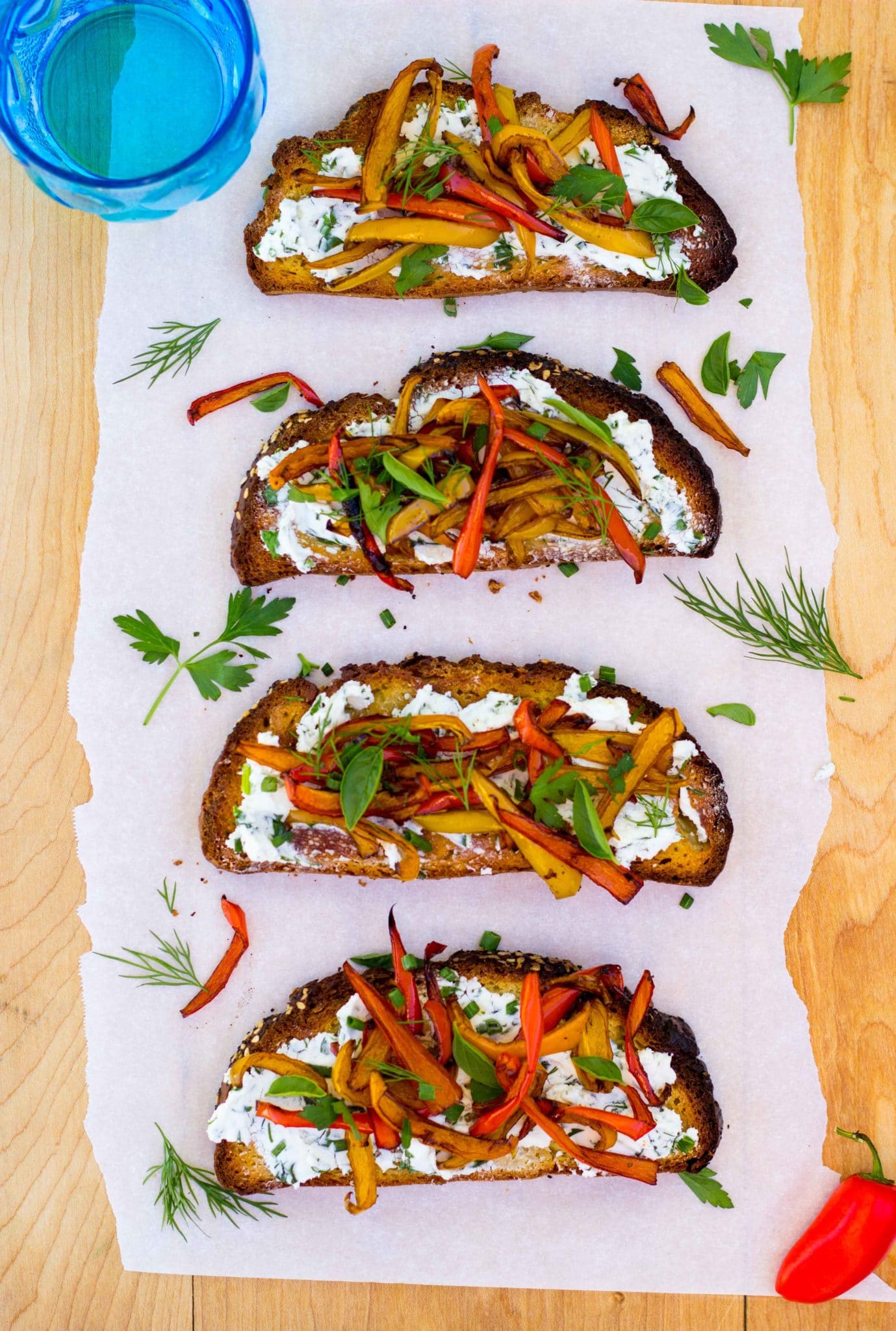 Herbed Goat Cheese Toasts with Balsamic Roasted Sweet Peppers She