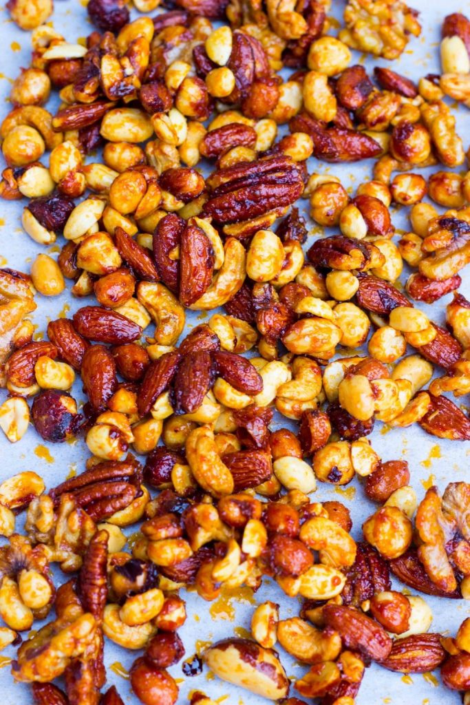 a tray of sriratcha maple mixed nuts