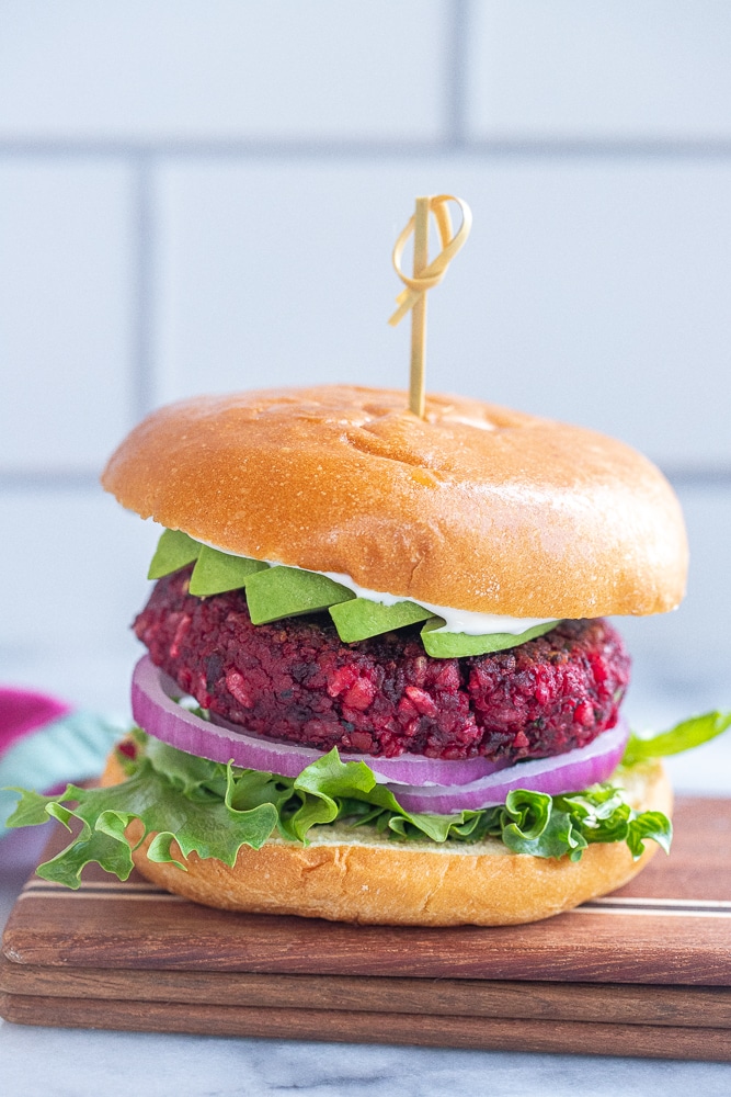 roasted beet burgers with a bun and toppings