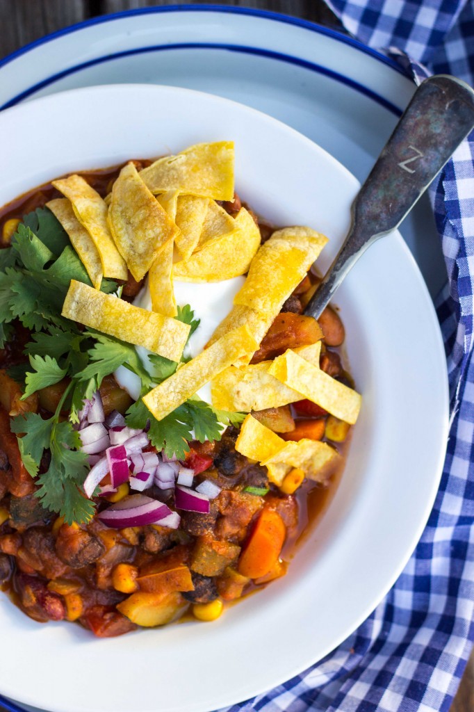 Three Bean Loaded Veggie Chili - She Likes Food