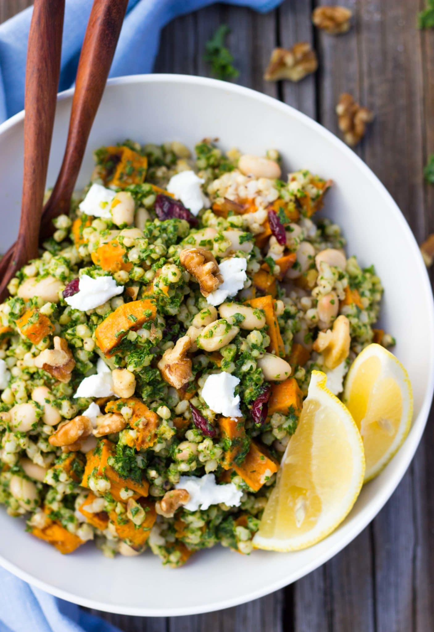 A big bowl of sorghum sweet potato and white bean salad with kale pesto