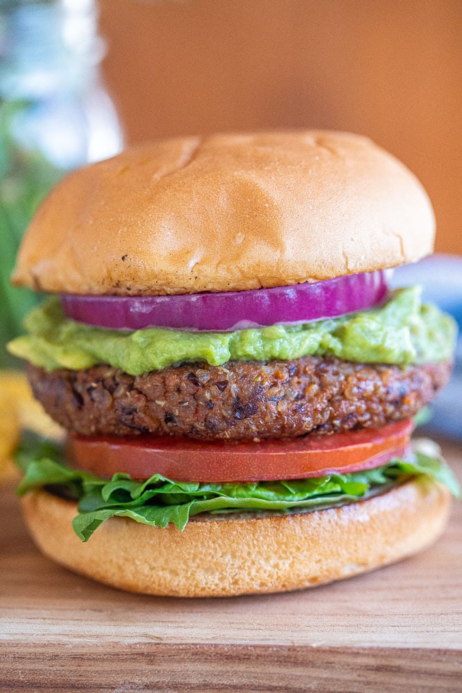 close up of a black bean burger