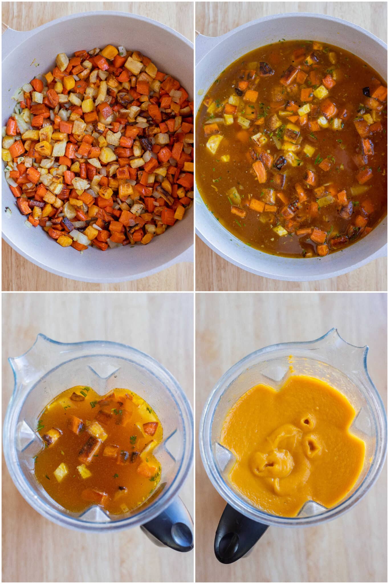 showing how to blend the root vegetable soup in the blender