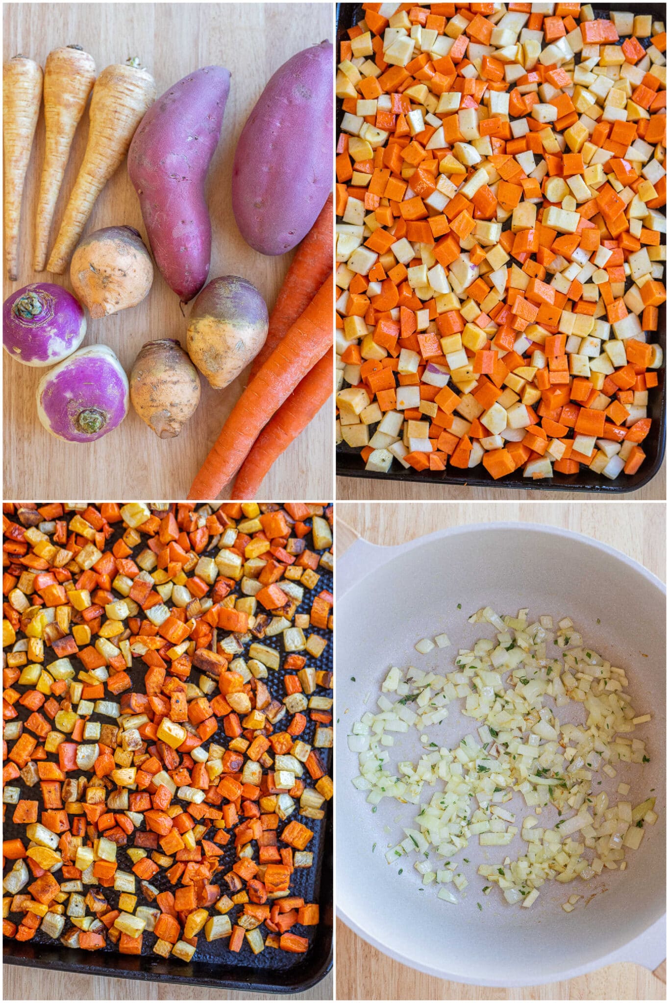 showing how to make the roasted root vegetables and sautéed onion and garlic
