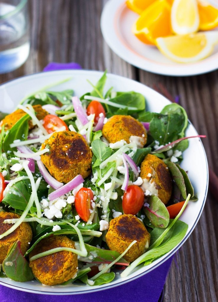 Roasted Carrot Falafel Salad with Citrus Tahini Dressing. Light, fresh, and delicious! #glutenfree #lunch