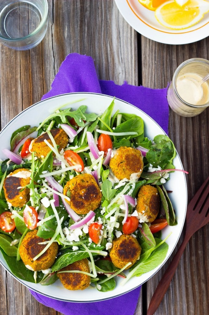 Roasted Carrot Falafel Salad with Citrus Tahini Dressing. Light, fresh, and delicious! #glutenfree #lunch