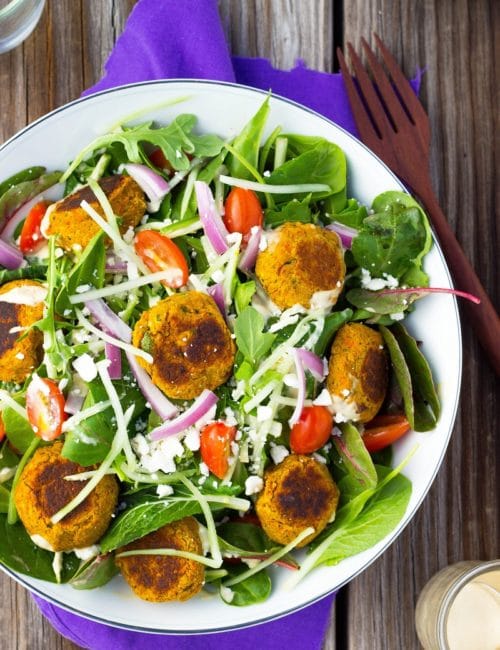 Roasted Carrot Falafel Salad with Citrus Tahini Dressing. Light, fresh, and delicious! #glutenfree #lunch