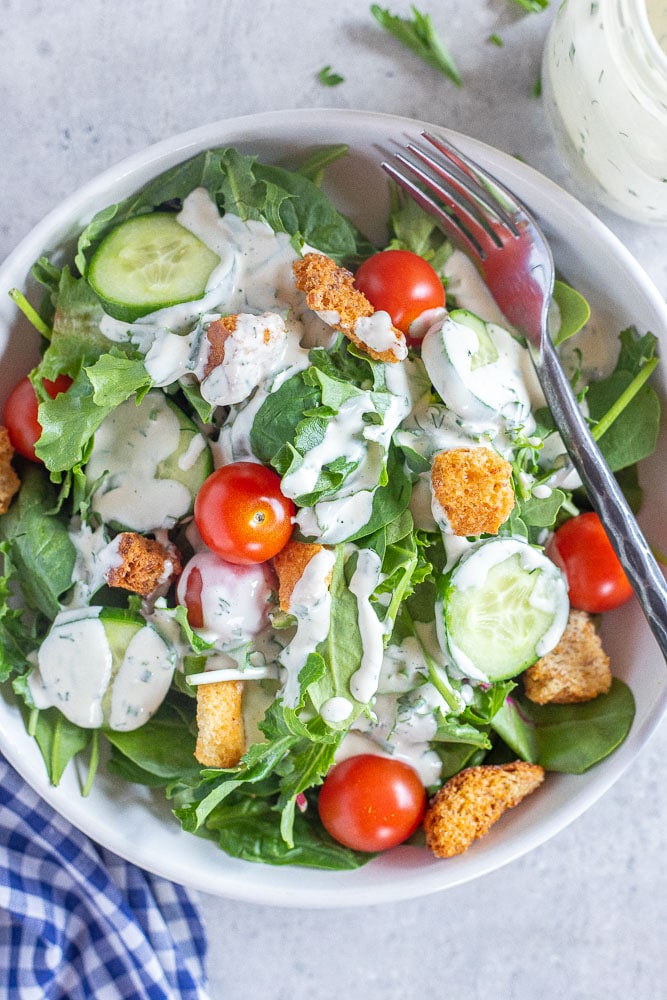 Vegan ranch dressing on a salad