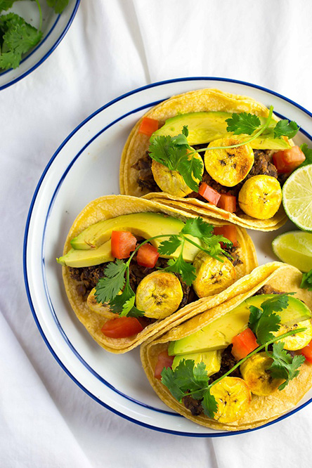 Black Bean & Roasted Plantain Tacos with Avocados