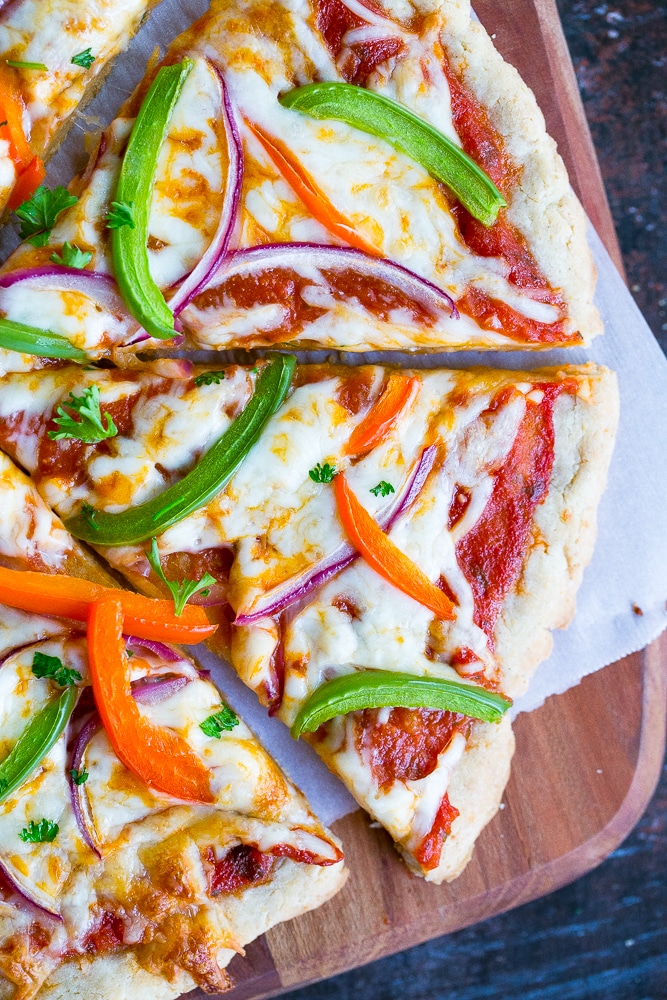 Close up photo of gluten free pizza made with gluten free pizza crust