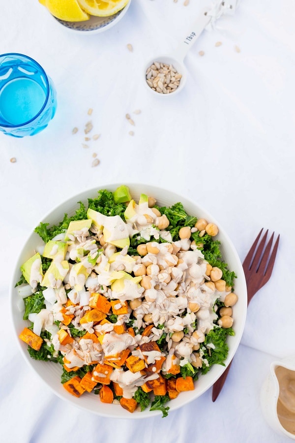 Kale Salad with Sweet Potato, Chickpeas & Avocado with Creamy Tahini Dressing-7045