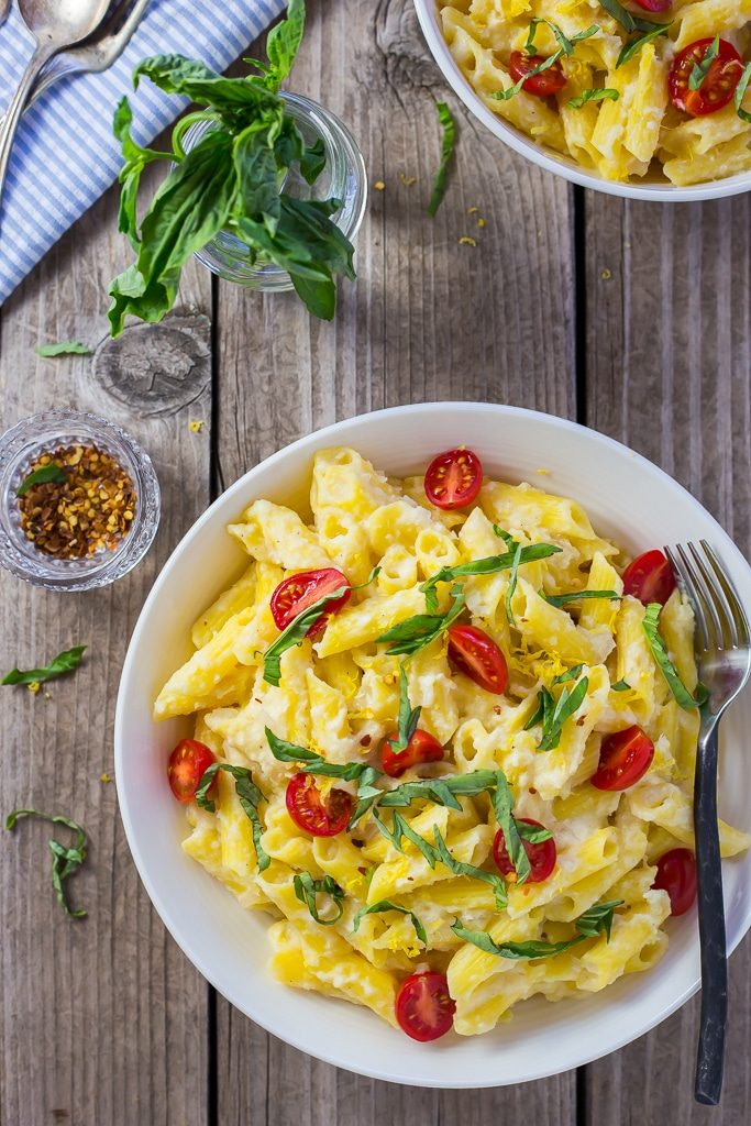 Creamy Corn Penne with Basil & Cherry Tomatoes (vegan) - She Likes Food