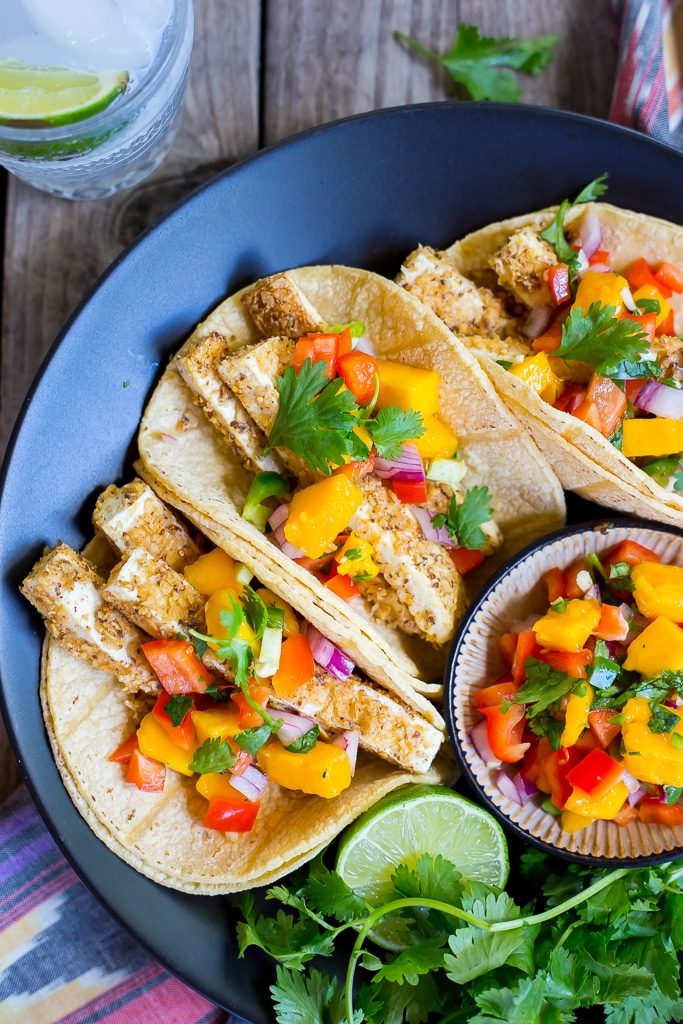 Tortilla Chip Crusted Tofu Tacos with Mango Salsa - She Likes Food