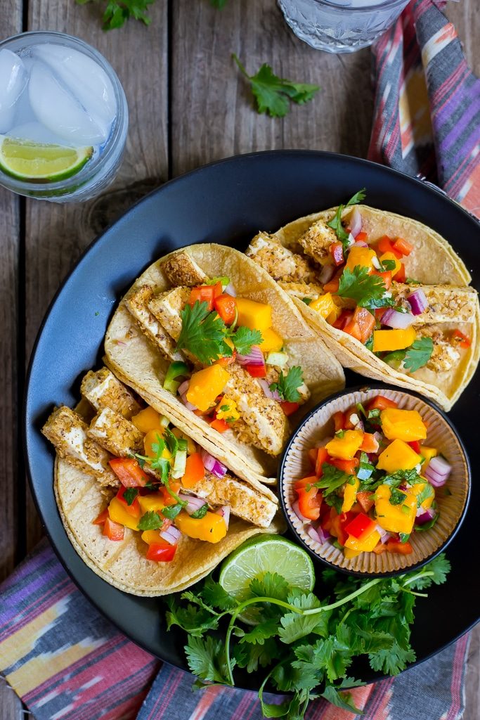 Tortilla Chip Crusted Tofu Tacos with Mango Salsa. The perfect vegetarian tacos for your next taco night! {gluten free, vegan}