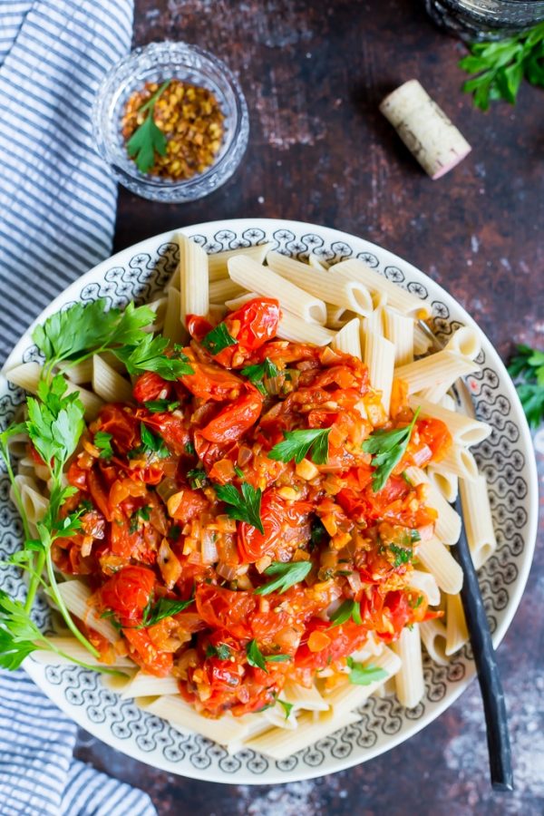 20-minute cherry tomato penne pasta, see more at http://homemaderecipes.com/cooking-101/14-homemade-dinner-ideas/