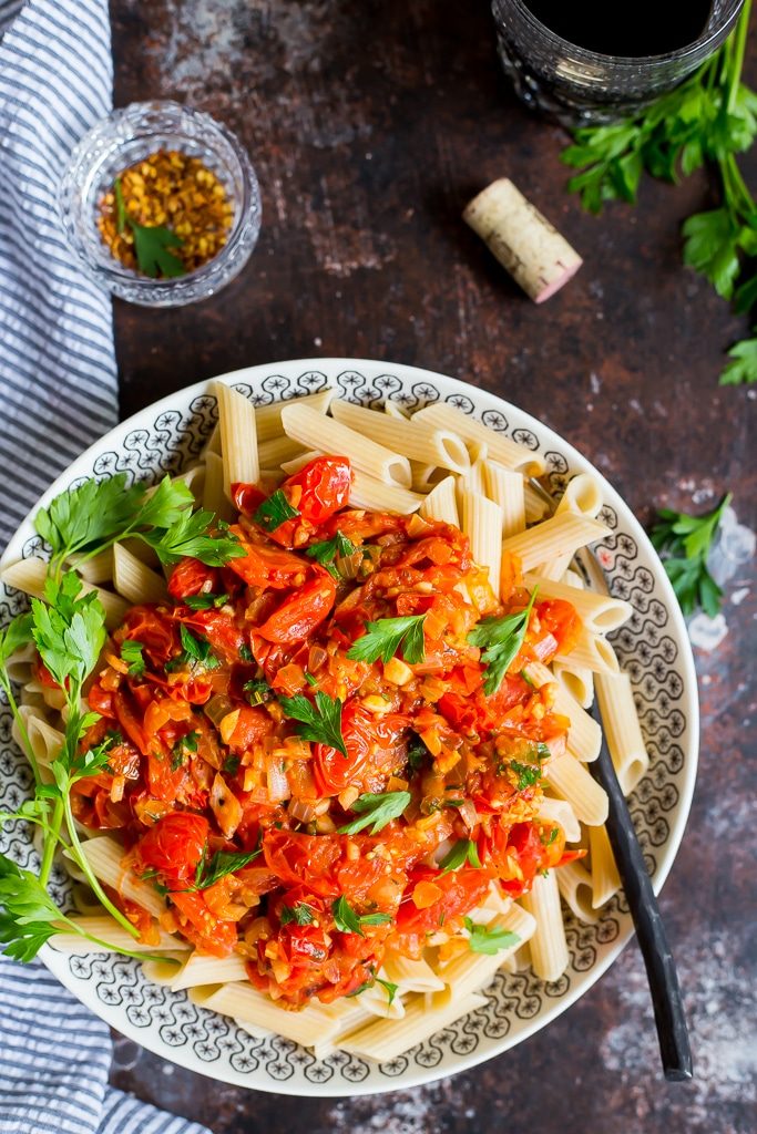 20 Minute Cherry Tomato Penne Pasta!  This pasta is so quick, easy and delicious!  Chunky cherry tomato sauce made from scratch on top of penne pasta!  {gluten free, vegan}