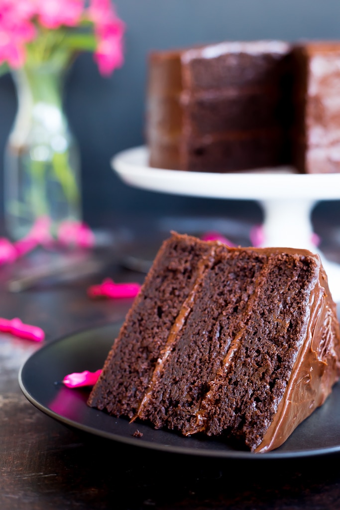 A big slice of Gluten Free Chocolate Cake on a plate