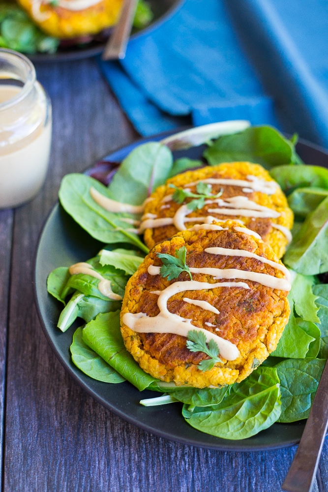 Butternut Squash Falafel with Maple Tahini Sauce!  A delicious, seasonal twist on the traditional falafel!  These make the perfect lunch or dinner on top of a salad or stuffed into a pita {gluten free, vegan}