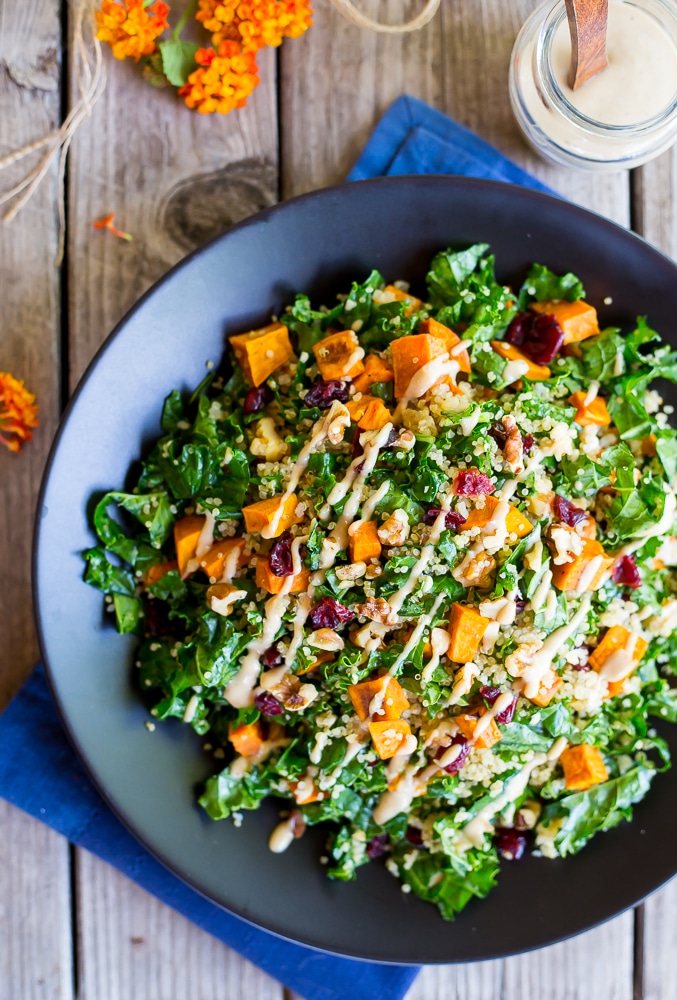 Fall Quinoa Salad with Kale, Sweet Potato & Maple Tahini Dressing - She ...