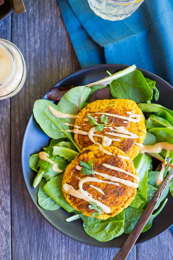 Butternut Squash Falafel with Maple Tahini Sauce!  A delicious, seasonal twist on the traditional falafel!  These make the perfect lunch or dinner on top of a salad or stuffed into a pita {gluten free, vegan
