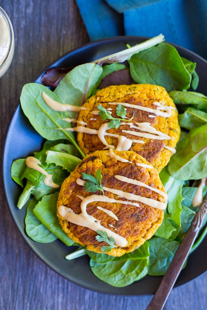 Butternut Squash Falafel with Maple Tahini Sauce!  A delicious, seasonal twist on the traditional falafel!  These make the perfect lunch or dinner on top of a salad or stuffed into a pita {gluten free, vegan