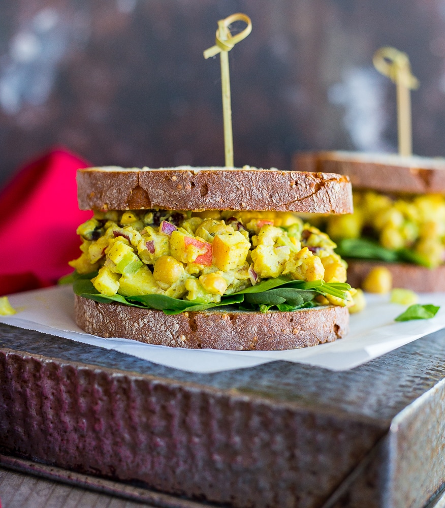 These Curried Chickpea Salad Sandwiches only take about 10 minutes to make and have the most amazing flavors! You will be eating them for lunch all winter long! {gluten free, vegan}