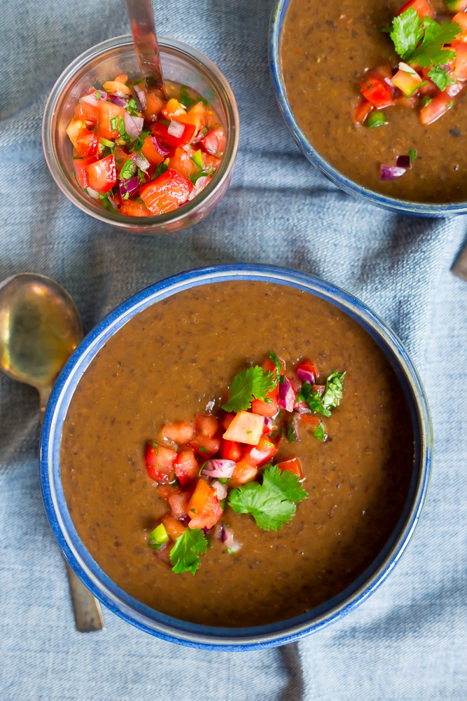 This easy and super flavorful Black Bean Soup with Pico De Gallo comes together in only 30 minutes which makes it perfect for any weeknight meal! {vegan, gluten free}