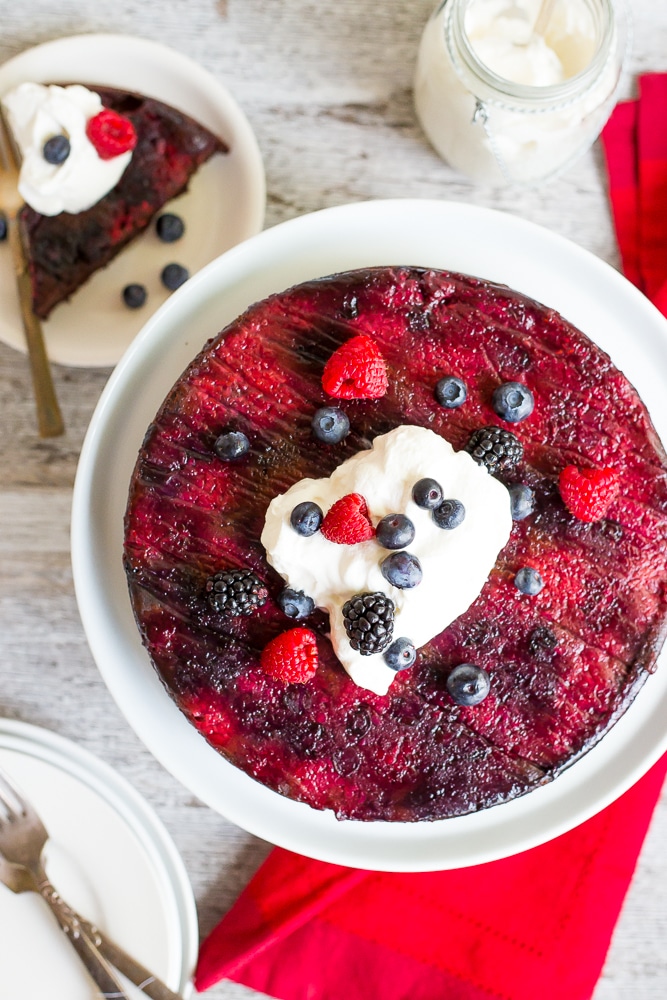 This Gluten Free Mixed Berry Upside Down Chocolate Cake is the perfect combination of chocolate and berries in each bite!