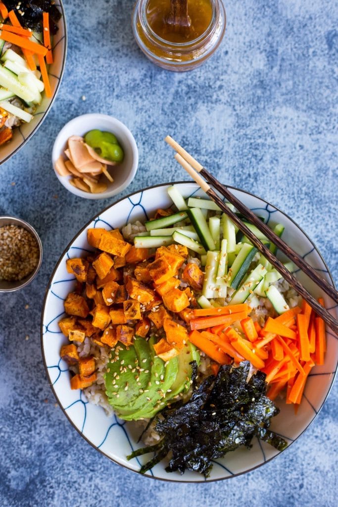 With these Vegetarian Sweet Potato Sushi Bowls you can enjoy your favorite sushi flavors at home without going to the trouble of rolling your own!