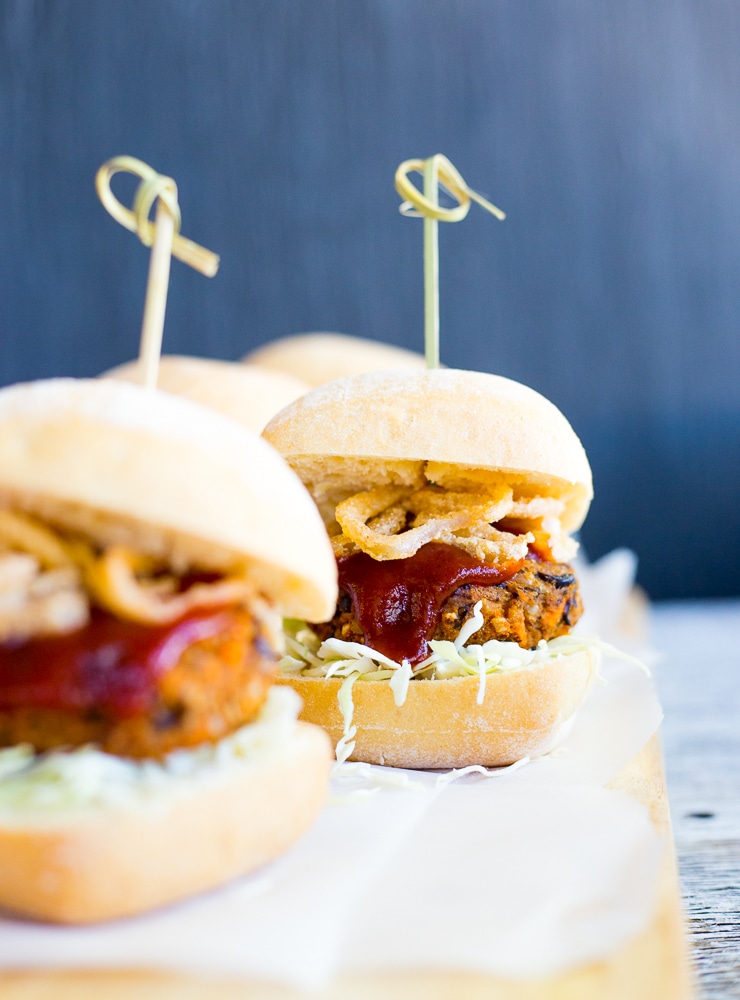 These Black Bean & Sweet Potato BBQ Sliders with Crispy Shallots are so delicious and flavorful!  They are perfect for an appetizer or dinner! {gluten free, vegan}