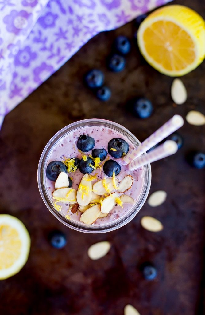 This Lemon, Blueberry & Almond Protein Smoothie has 27 grams of protein in it!  It is easy to make, delicious to drink and will keep you feeling full all morning!