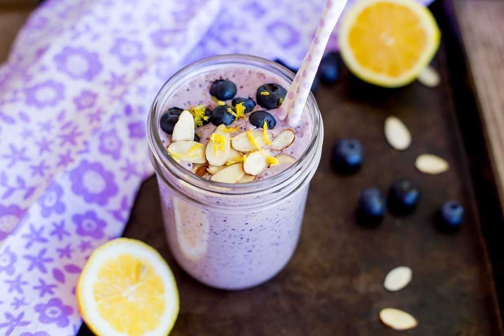 This Lemon, Blueberry & Almond Protein Smoothie has 27 grams of protein in it!  It is easy to make, delicious to drink and will keep you feeling full all morning!