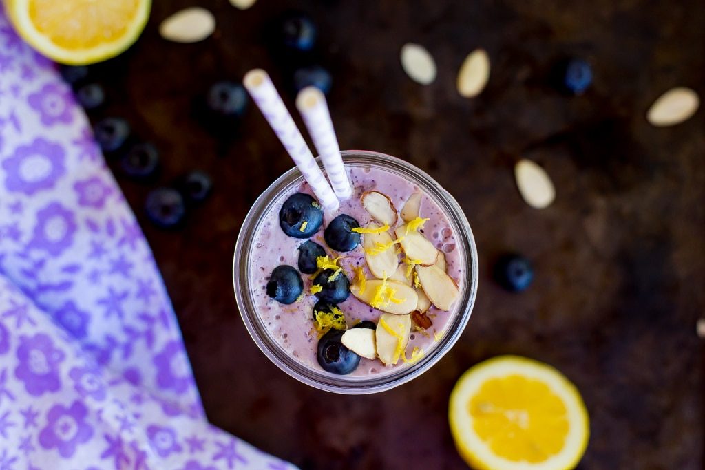 This Lemon, Blueberry & Almond Protein Smoothie has 27 grams of protein in it!  It is easy to make, delicious to drink and will keep you feeling full all morning!