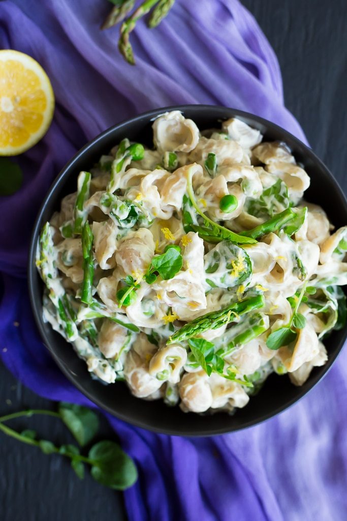 This Creamy Cashew Lemon Pasta with Spring Vegetables is the perfect bite of spring!  It's creamy, delicious and packed with lots of fresh vegetables! {vegan, gluten free}