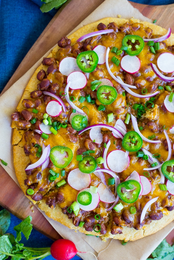 Vegetarian Chili Cornbread Pizza - She Likes Food