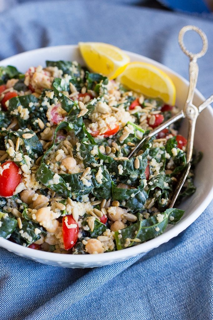 Kale & Quinoa Salad with Cherry Tomatoes & Lemon Tahini Dressing She
