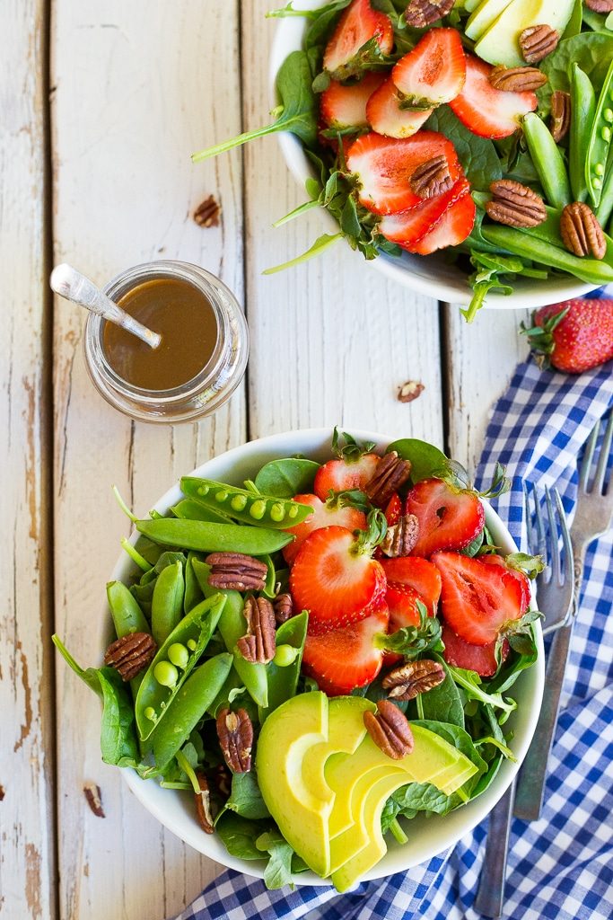 this Strawberry Avocado & Sweet Pea Salad with Tahini Balsamic Dressing has the perfect taste of spring in every bite!  Balsamic tahini dressing is so rich and creamy! {vegan, gluten free}