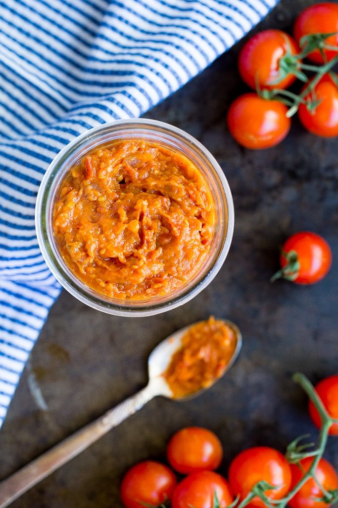 This Easy Cherry Tomato Jam is the perfect condiment for the summer!  Add it to anything from toast to pizza! {gluten free, vegan}