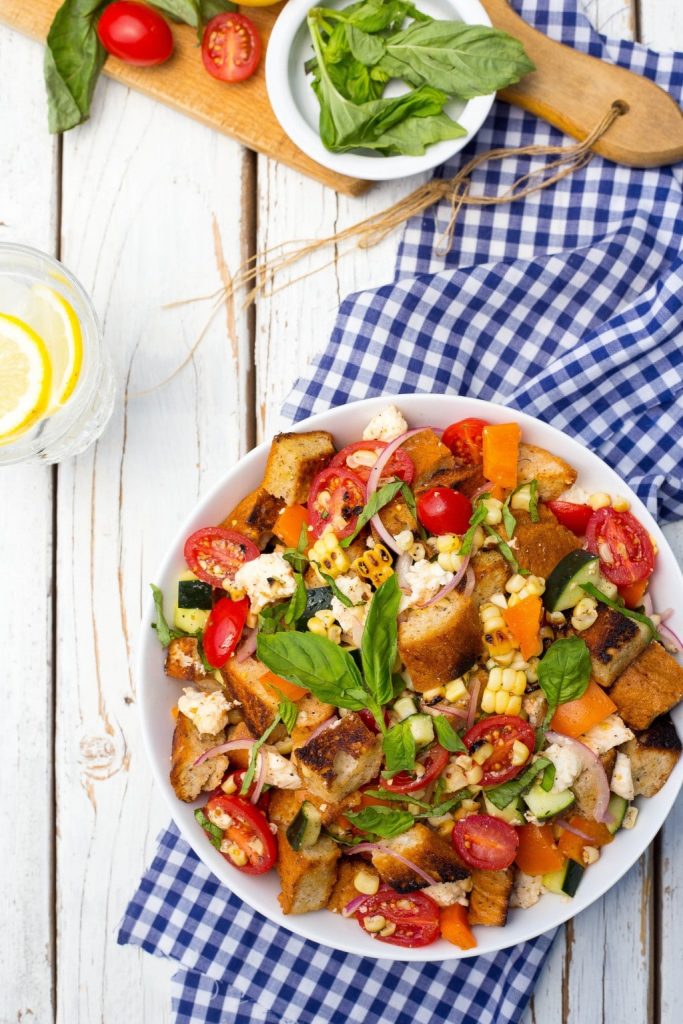 Grilled Corn Summer Panzanella Salad!  You will get a delicious taste of summer in every bite!  This is the perfect side dish for a BBQ or light lunch!