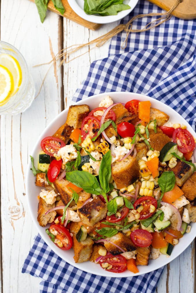 Grilled Corn Summer Panzanella Salad!  You will get a delicious taste of summer in every bite!  This is the perfect side dish for a BBQ or light lunch!